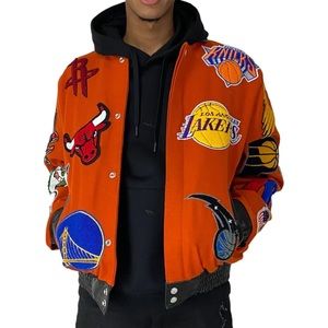 JEFF HAMILTON NBA Team Patches Logo Wool And Leather  Jacket- Orange